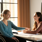 **

A rehabilitation counselor smiles, sitting across from a young woman in a wheelchair who is excitedly pointing at a business plan laid out on a table. Sunlight streams through a window, illuminating the room. The setting suggests a bright, modern office.

**