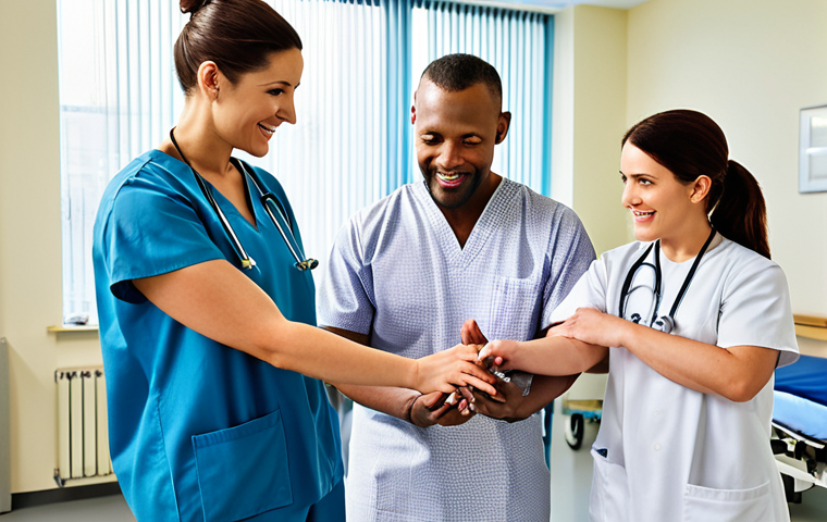 **
"A diverse group of rehabilitation professionals (therapists, doctors) working collaboratively in a modern hospital rehabilitation ward, assisting patients with various disabilities. Focus on teamwork and positive patient interaction. Bright, hopeful atmosphere."
**