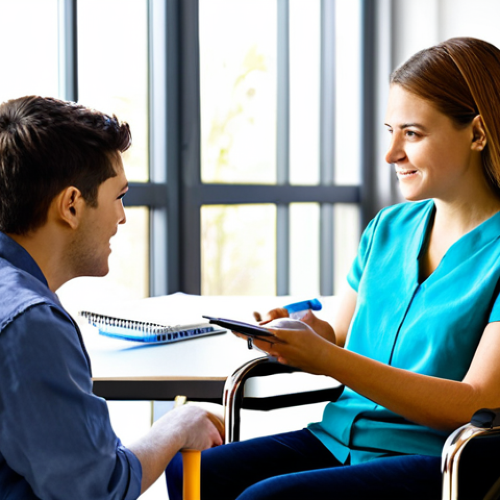 Rehabilitation Counselor Evaluation**

"A rehabilitation counselor in a brightly lit, modern office, conducting an interview with a young adult client in a wheelchair. The counselor is actively listening and taking notes. Background shows assistive technology devices. Safe for work, appropriate content, fully clothed, professional setting, perfect anatomy, natural proportions, professional photography, well-formed hands, modest clothing, family-friendly."

**