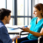 Rehabilitation Counselor Evaluation**

"A rehabilitation counselor in a brightly lit, modern office, conducting an interview with a young adult client in a wheelchair. The counselor is actively listening and taking notes. Background shows assistive technology devices. Safe for work, appropriate content, fully clothed, professional setting, perfect anatomy, natural proportions, professional photography, well-formed hands, modest clothing, family-friendly."

**