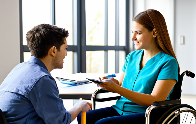 Rehabilitation Counselor Evaluation**

"A rehabilitation counselor in a brightly lit, modern office, conducting an interview with a young adult client in a wheelchair. The counselor is actively listening and taking notes. Background shows assistive technology devices. Safe for work, appropriate content, fully clothed, professional setting, perfect anatomy, natural proportions, professional photography, well-formed hands, modest clothing, family-friendly."

**