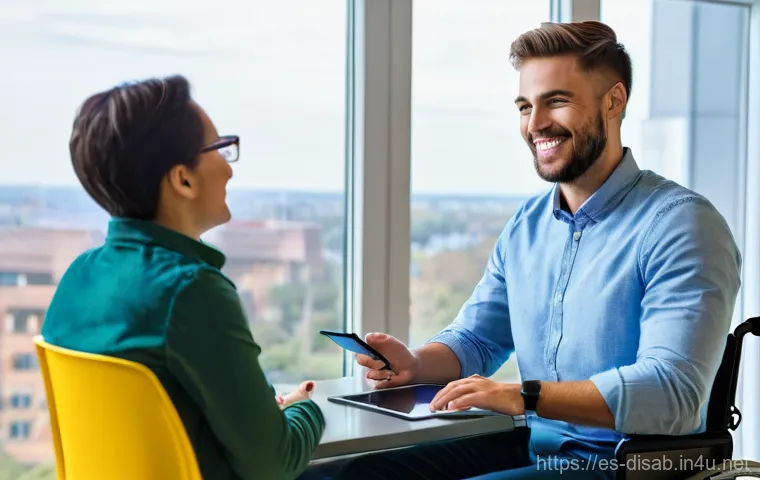 장애인재활상담사와 타 직업 비교 - **Prompt:** A compassionate rehabilitation counselor, a woman in her late 30s with a warm smile, is ...