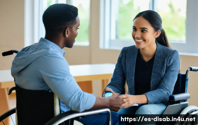 장애인재활상담사와 심리 안정법 - A compassionate female rehabilitation advisor, with a warm and encouraging expression, is engaging i...