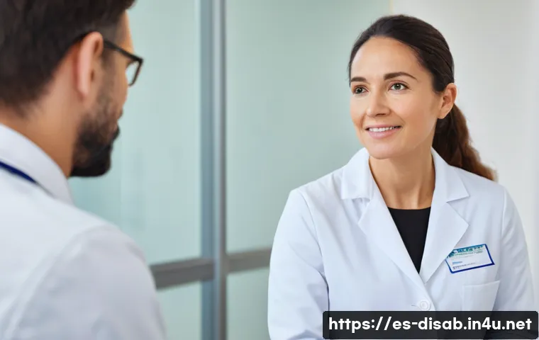 장애인재활상담사 취업 면접 질문 - A professional rehabilitation therapist in a bright, modern clinic setting, attentively listening an...