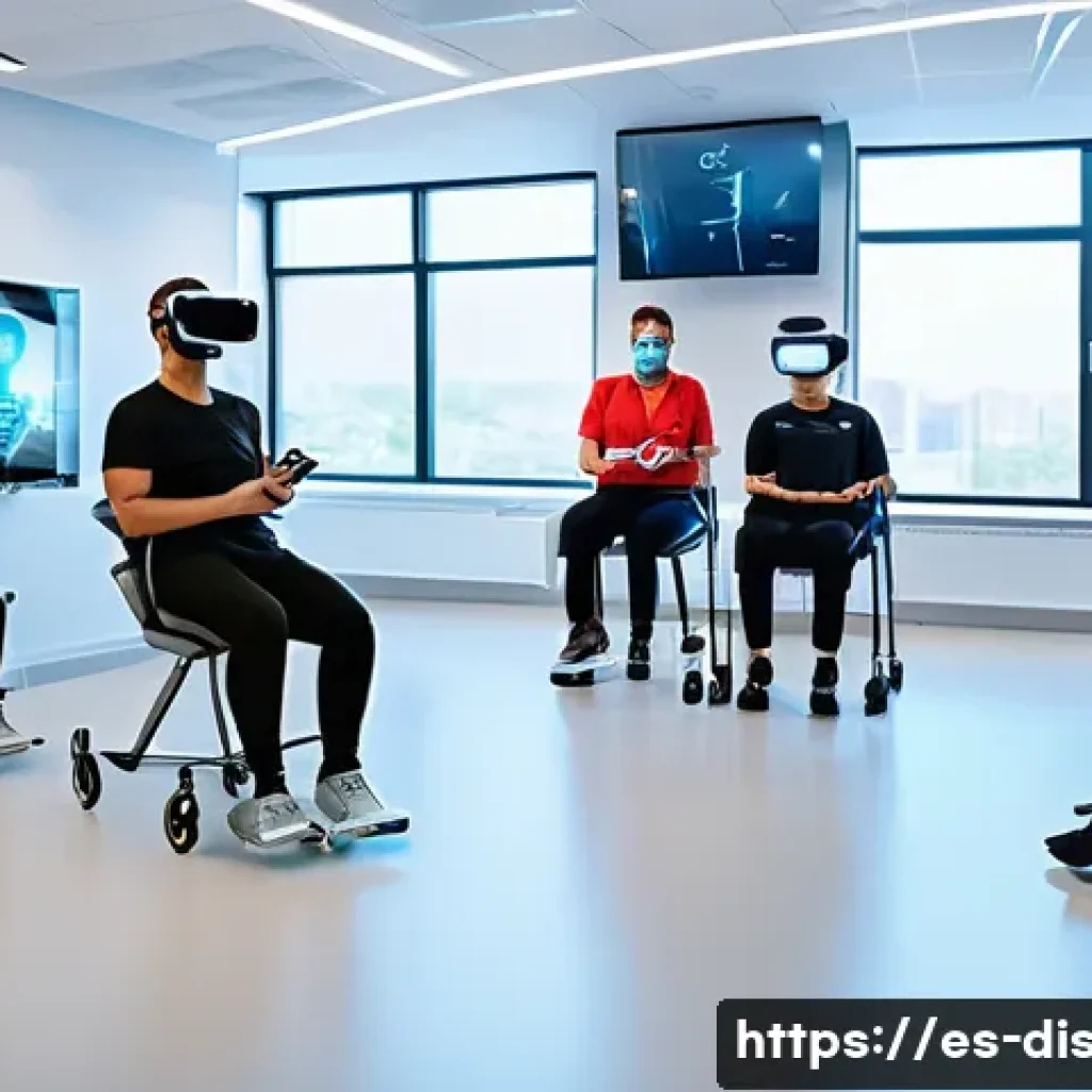 장애인재활상담사 전문성 강화 - A modern rehabilitation clinic scene showing a diverse group of therapists and patients using advanc...