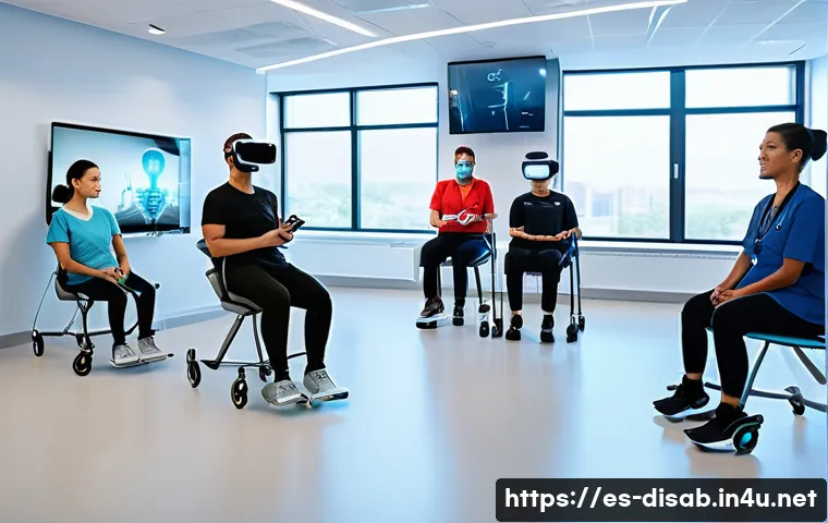 장애인재활상담사 전문성 강화 - A modern rehabilitation clinic scene showing a diverse group of therapists and patients using advanc...