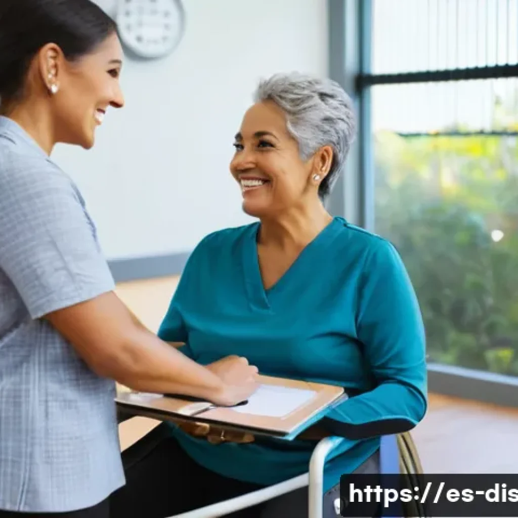 장애인재활상담사 복지 정보 - A compassionate rehabilitation counselor attentively listening to a middle-aged Hispanic woman in a ...