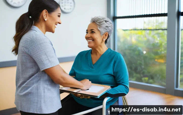 장애인재활상담사 복지 정보 - A compassionate rehabilitation counselor attentively listening to a middle-aged Hispanic woman in a ...