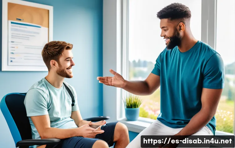 장애인재활상담사와 사회복지사의 차이점 - A compassionate rehabilitation counselor working closely with a young adult male patient who wears c...