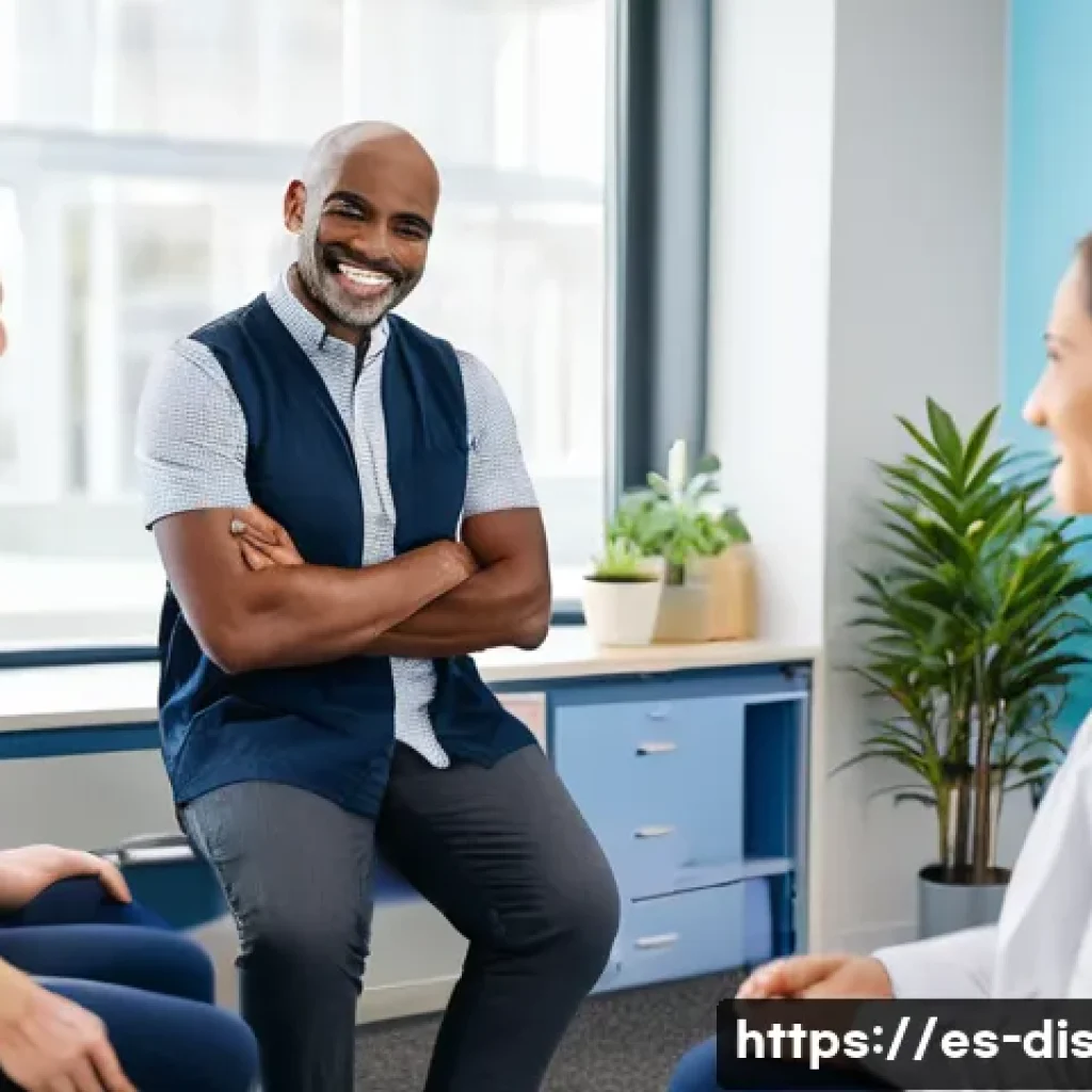 장애인재활상담사 전공 선택 이유 - A compassionate rehabilitation advisor engaging empathetically with a diverse group of adult patient...