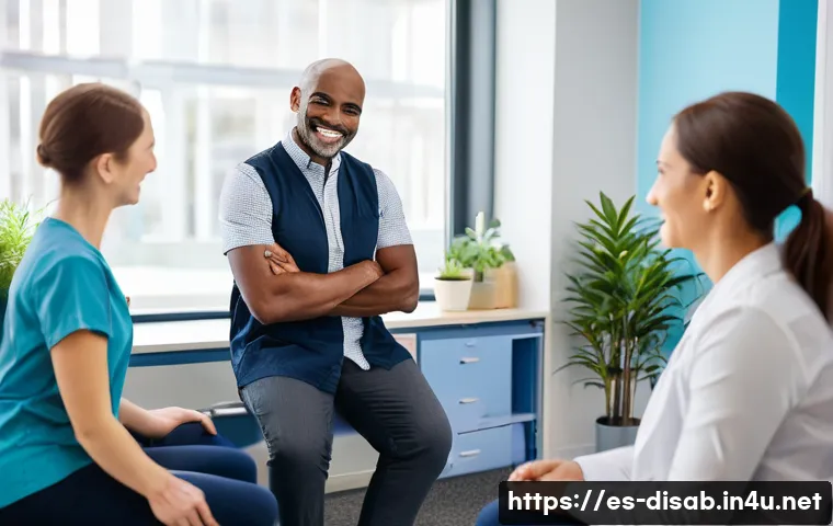 장애인재활상담사 전공 선택 이유 - A compassionate rehabilitation advisor engaging empathetically with a diverse group of adult patient...