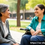 장애인재활상담사 실습 후기 - A compassionate rehabilitation counselor warmly supporting a middle-aged Hispanic woman with a visib...