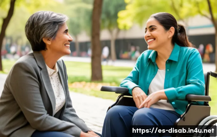 장애인재활상담사 실습 후기 - A compassionate rehabilitation counselor warmly supporting a middle-aged Hispanic woman with a visib...