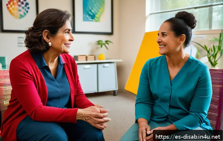 장애인재활상담사 상담 기술 워크숍 - A compassionate rehabilitation therapist engaging in active listening with a middle-aged Hispanic wo...