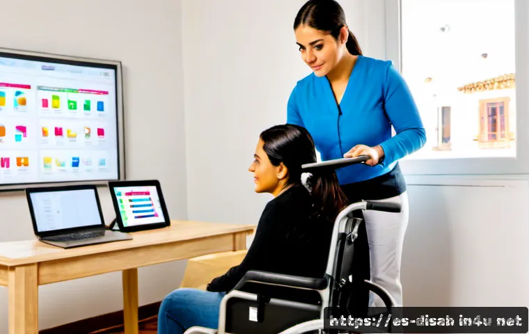장애인재활상담사 직업의 미래 전망 - Photorealistic rehabilitation counselor in a modern Spanish community health center, warmly guiding ...