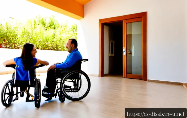 장애인재활상담사와 장애인 커뮤니티 - Photorealistic disability rehabilitation counselor in a bright accessible community center in Spain,...
