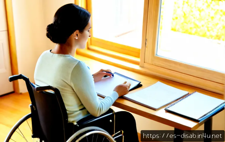 장애인재활상담사 시험 응시 요건 - Photorealistic Spanish-speaking adult woman using a wheelchair studying for a professional rehabilit...